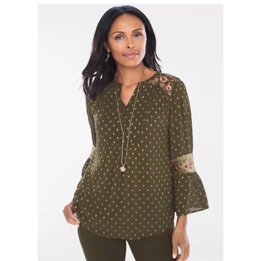 Chico's‎ Metallic Gold Dot Jacquard Peasant Top Olive Green Size 2 US Large